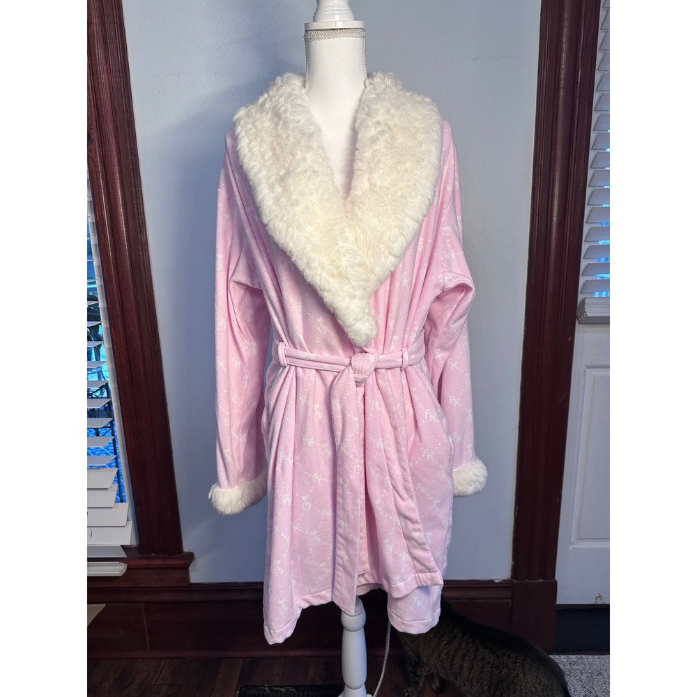 Barbiecore French Kitty Pink Fleece Robe Faux Fur Collar Logo Print XL